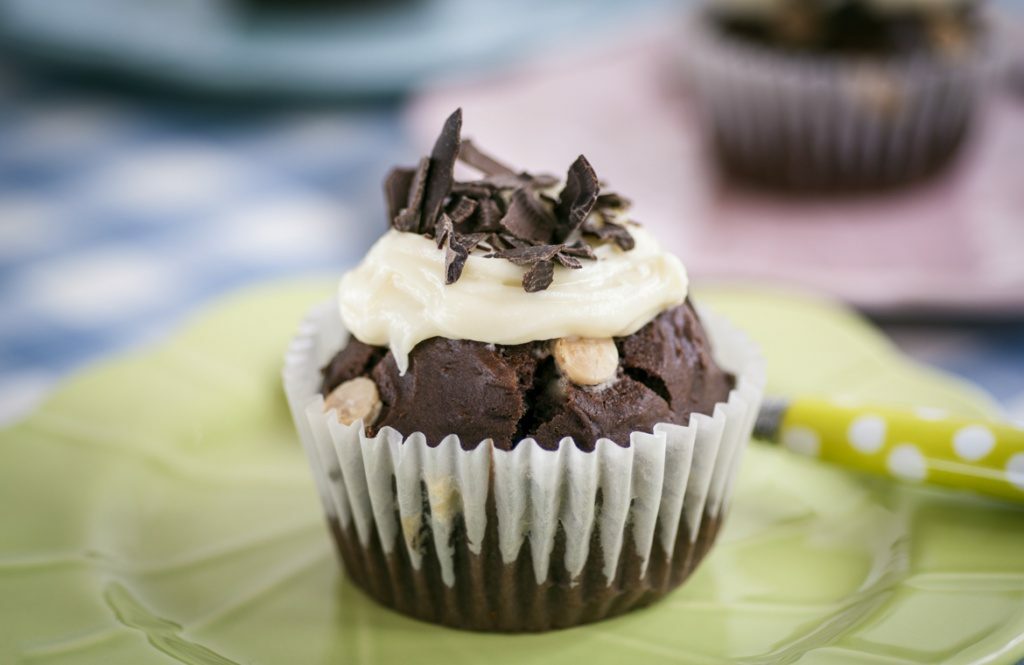 professional photograph of white chocolate cupcake