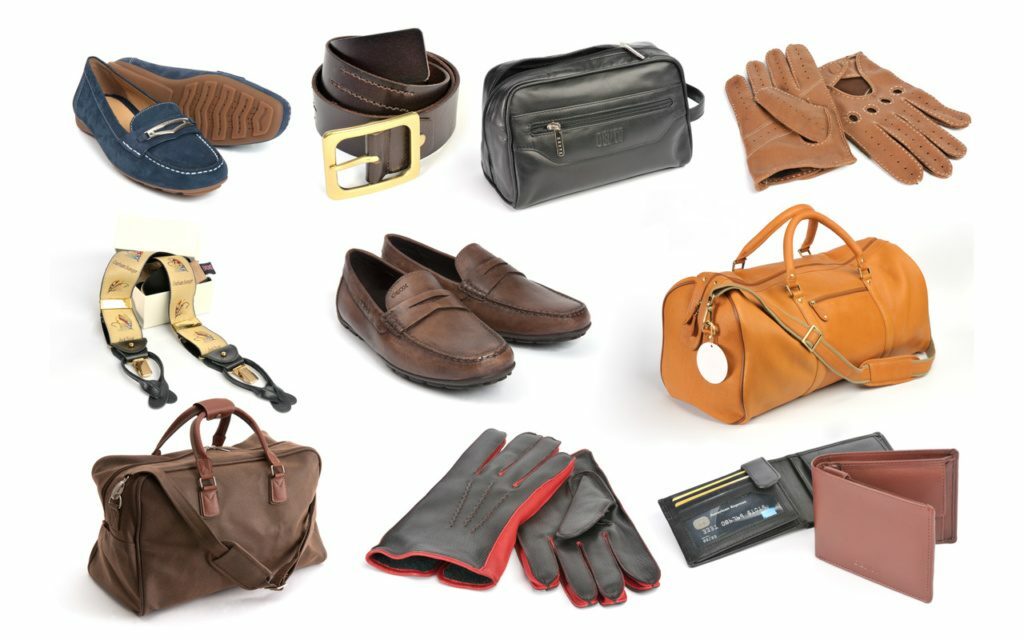 Product photographs of shoes, bags, wallets and gloves shown on a white background