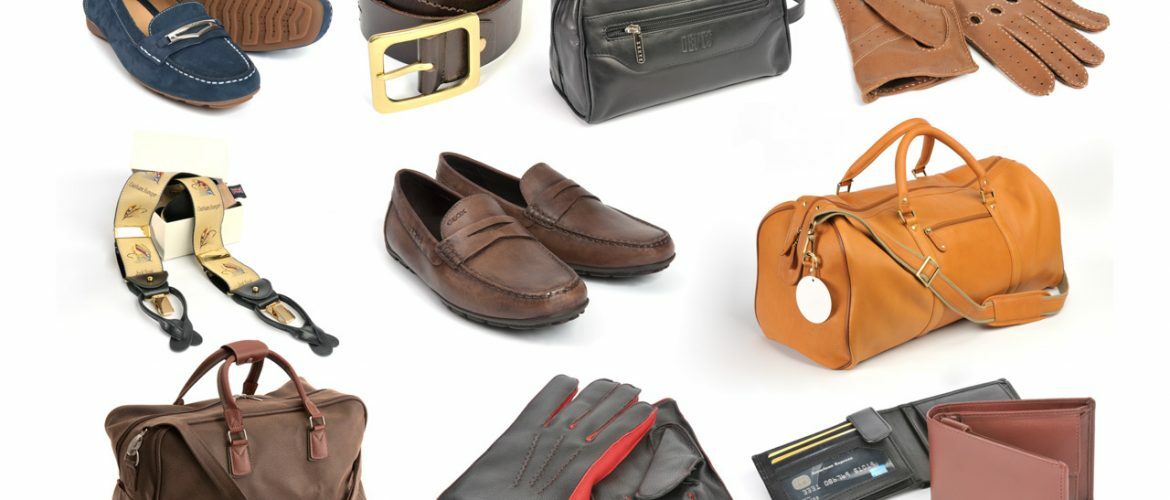 Product photographs of shoes, bags, wallets and gloves shown on a white background