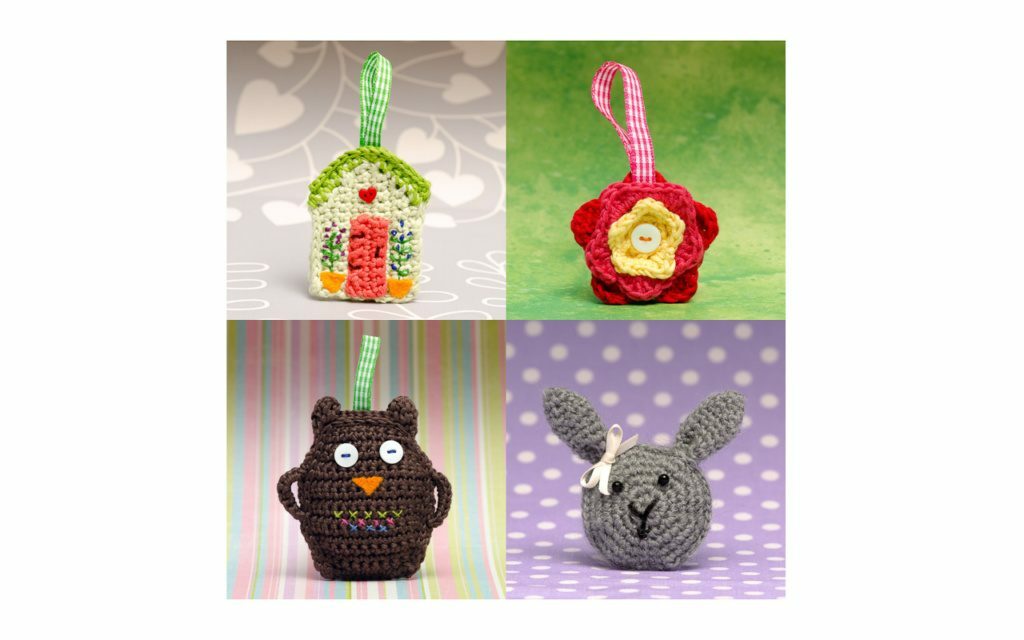 Four crochet keyrings photographed on colourful backgrounds